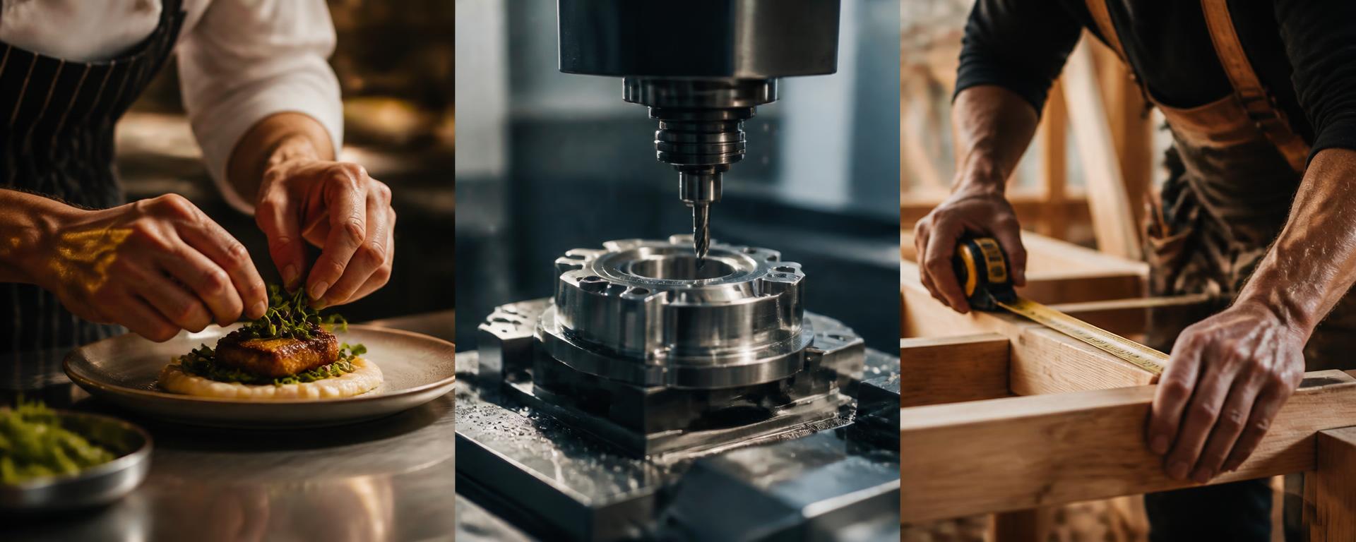 A restaurant kitchen, a manufacturing workshop and a tradesman at work — three businesses that use whyfound
